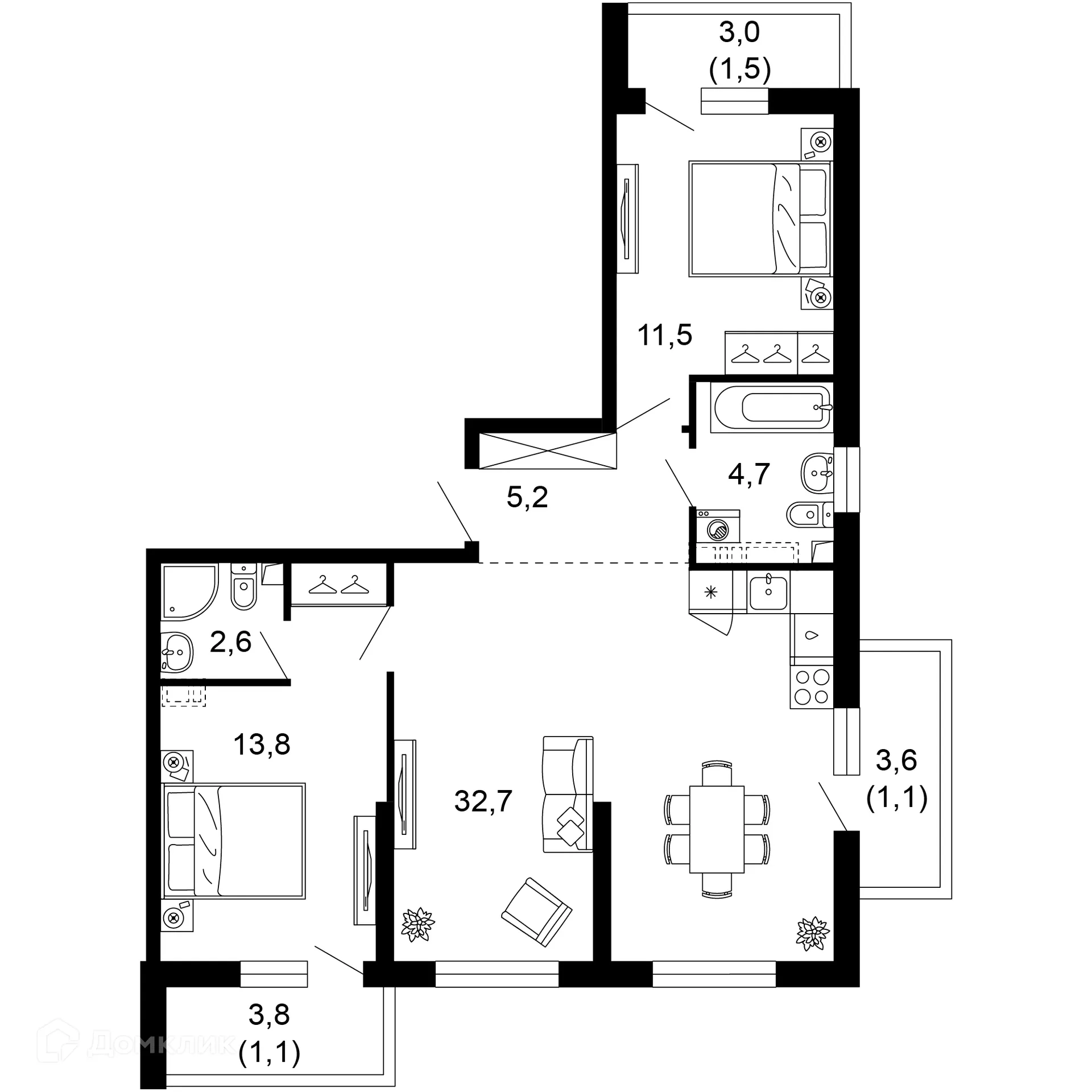 Планировка 2-комнатной квартиры 74.2 м² в ЖК Лестория, г. Сочи — фото 1