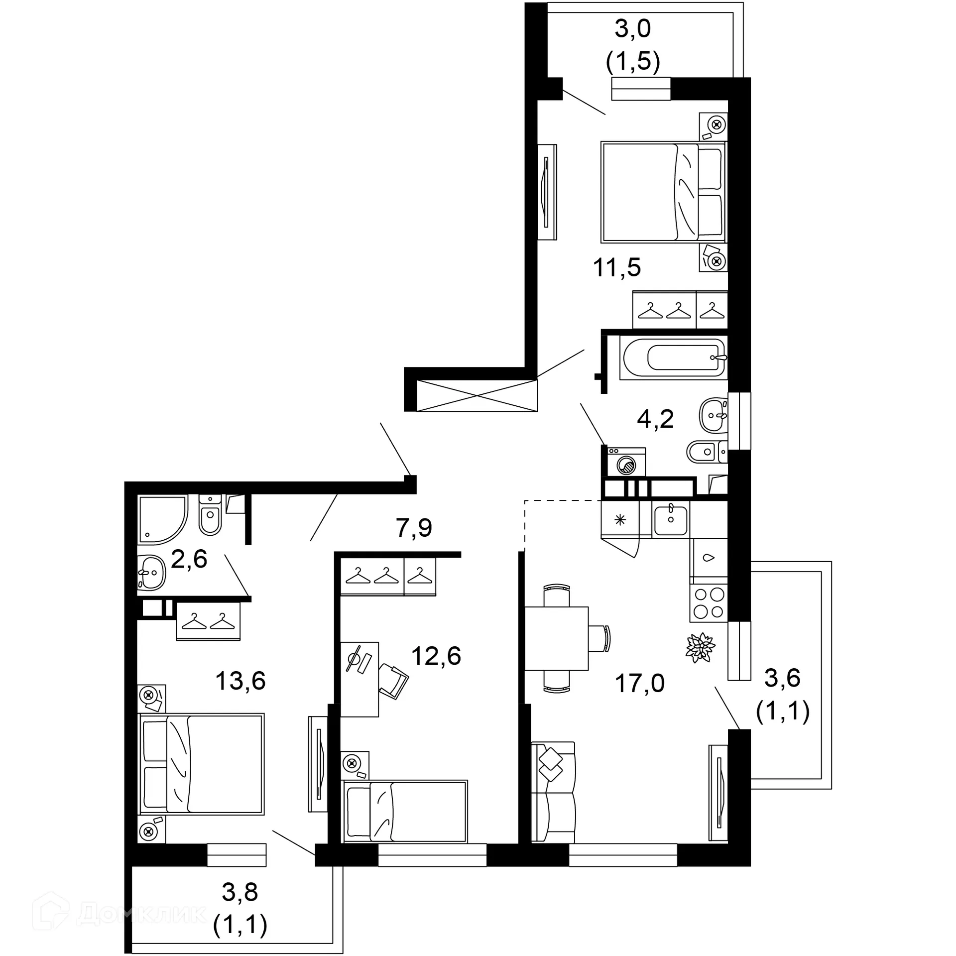 Планировка 3-комнатной квартиры 73.1 м² в ЖК Лестория, г. Сочи — фото 1