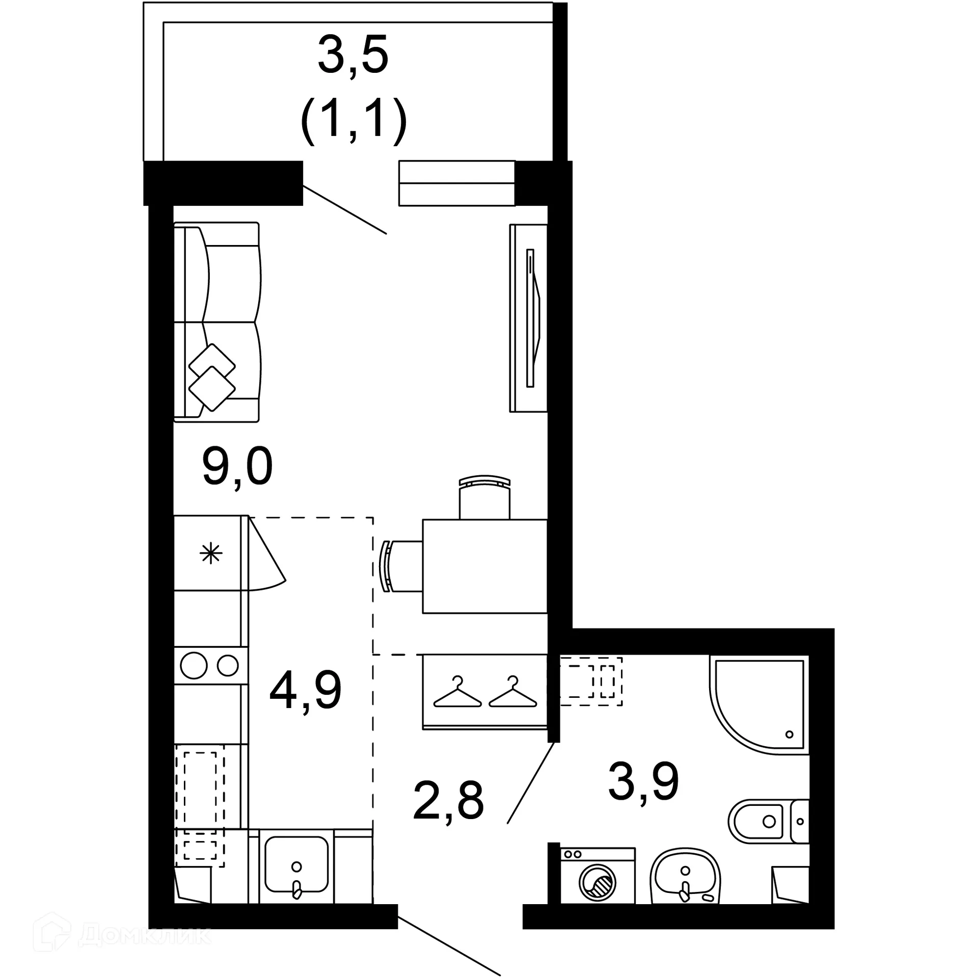 Планировка 1-комнатной квартиры 21.7 м² в ЖК Лестория, г. Сочи — фото 1