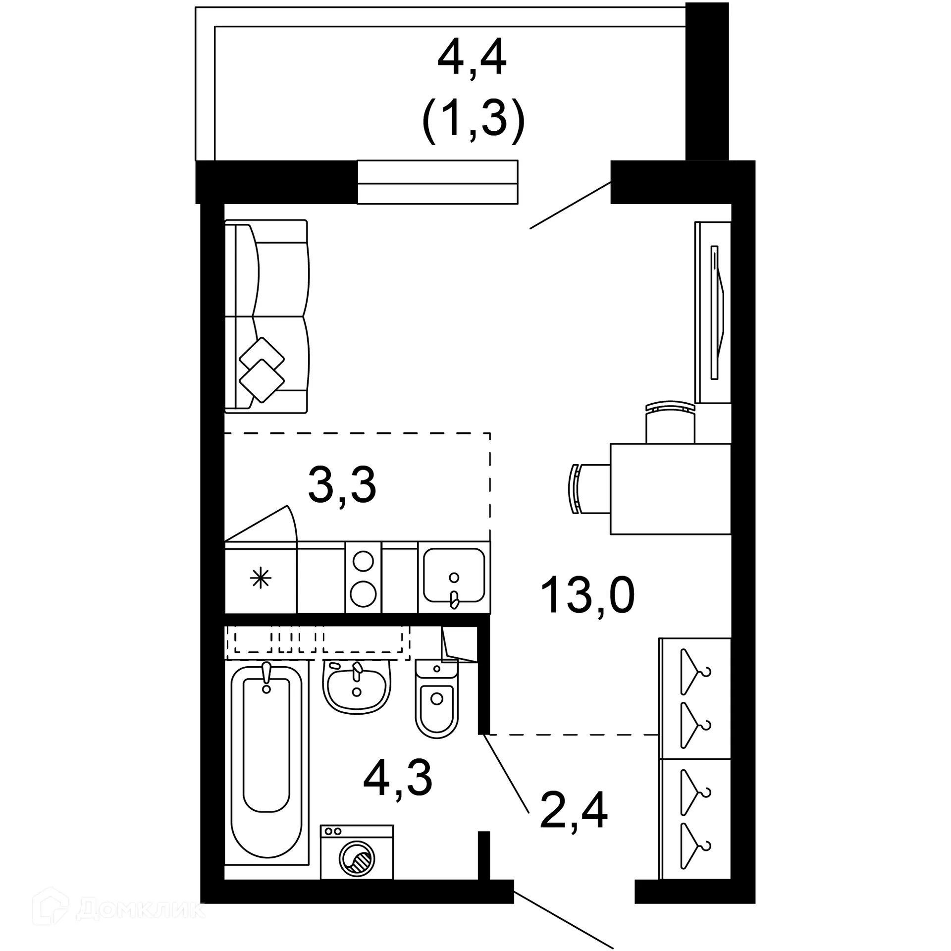 Планировка 1-комнатной квартиры 24.3 м² в ЖК Лестория, г. Сочи — фото 1