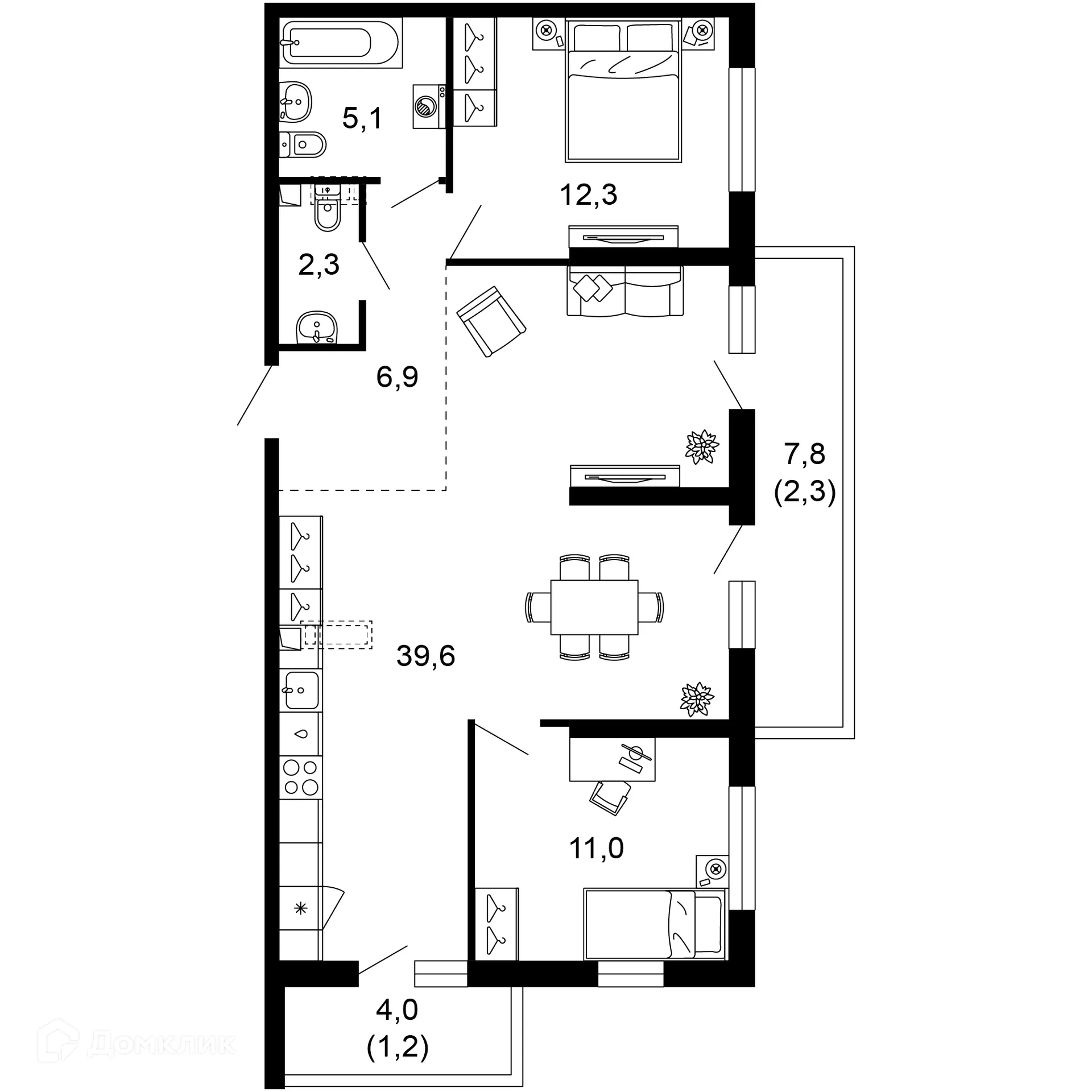 Планировка 2-комнатной квартиры 80.7 м² в ЖК Лестория, г. Сочи — фото 1