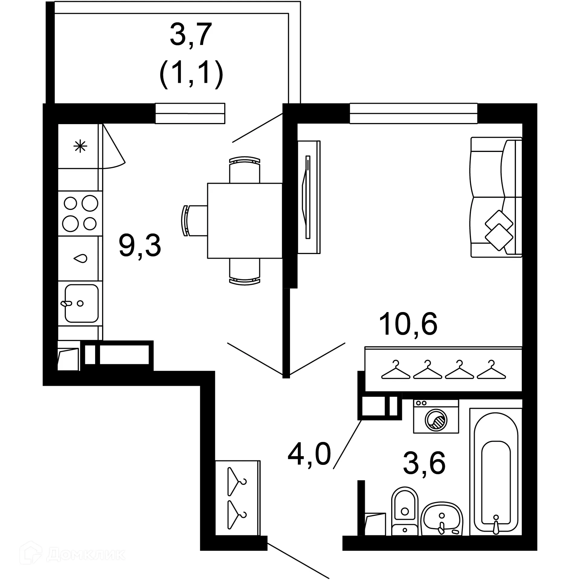 Планировка 1-комнатной квартиры 28.6 м² в ЖК Лестория, г. Сочи — фото 1