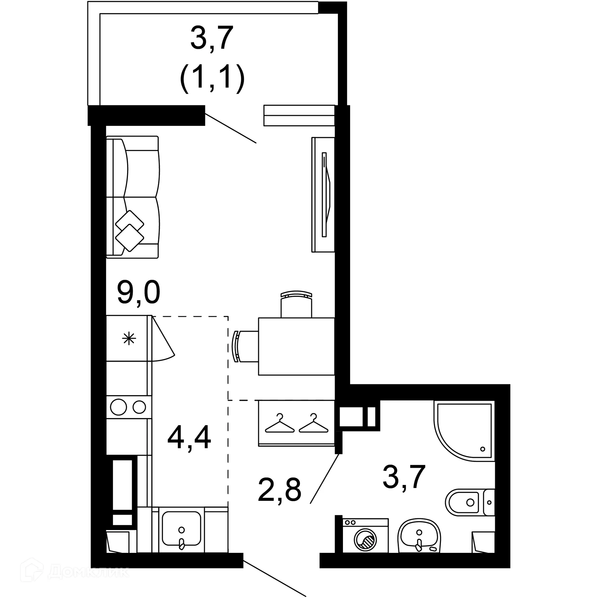 Планировка 1-комнатной квартиры 21 м² в ЖК Лестория, г. Сочи — фото 1