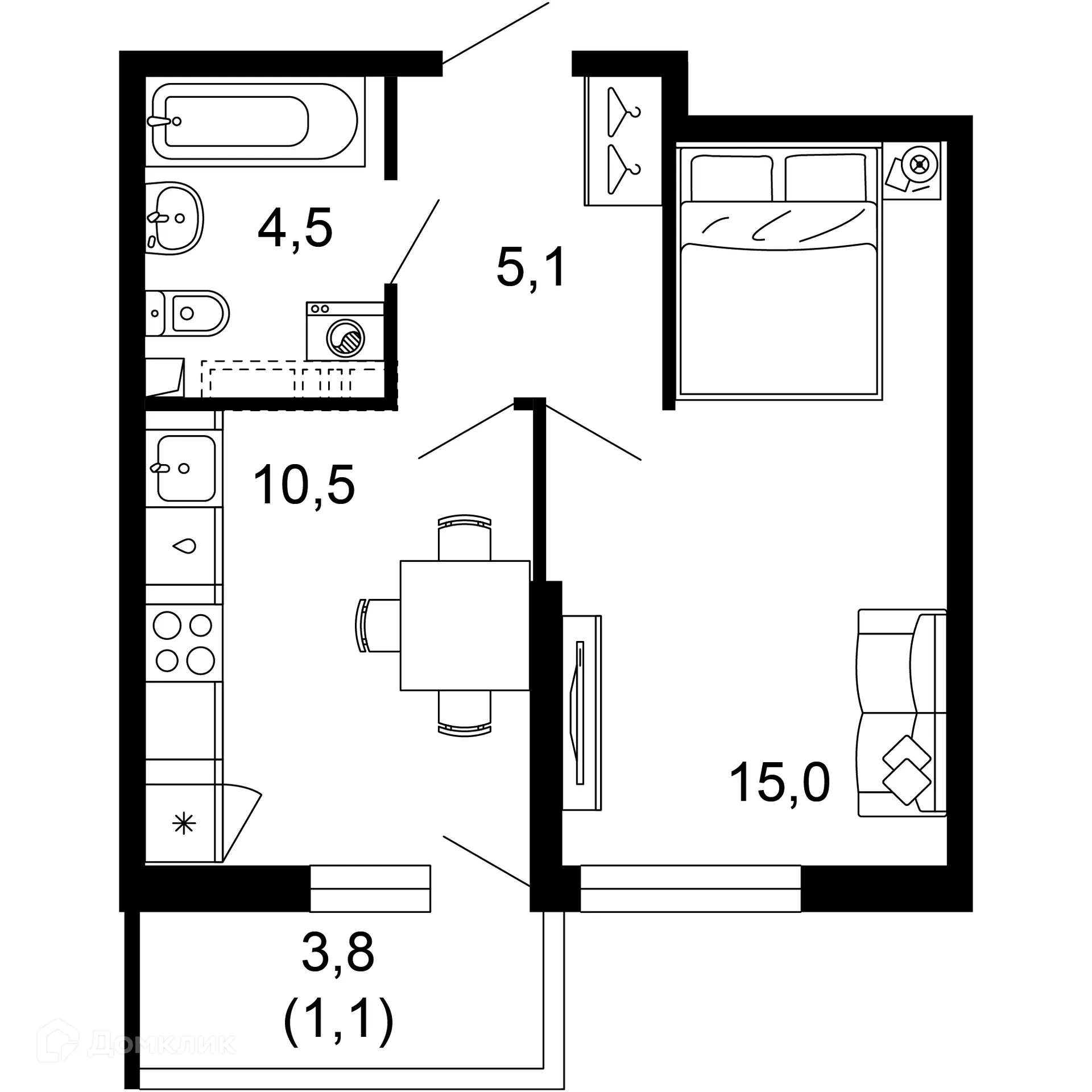 Планировка 1-комнатной квартиры 36.2 м² в ЖК Лестория, г. Сочи — фото 1