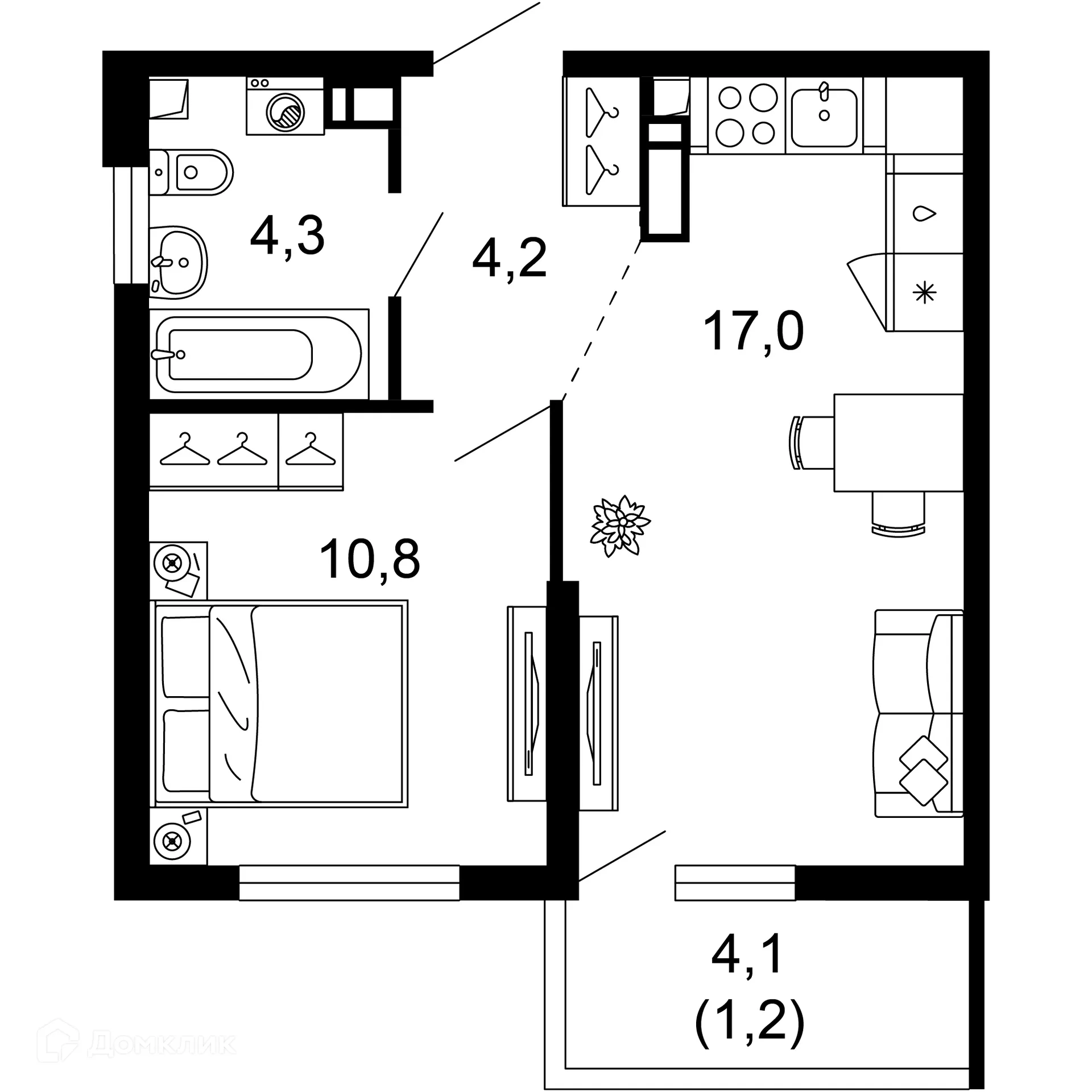 Планировка 1-комнатной квартиры 37.5 м² в ЖК Лестория, г. Сочи — фото 1