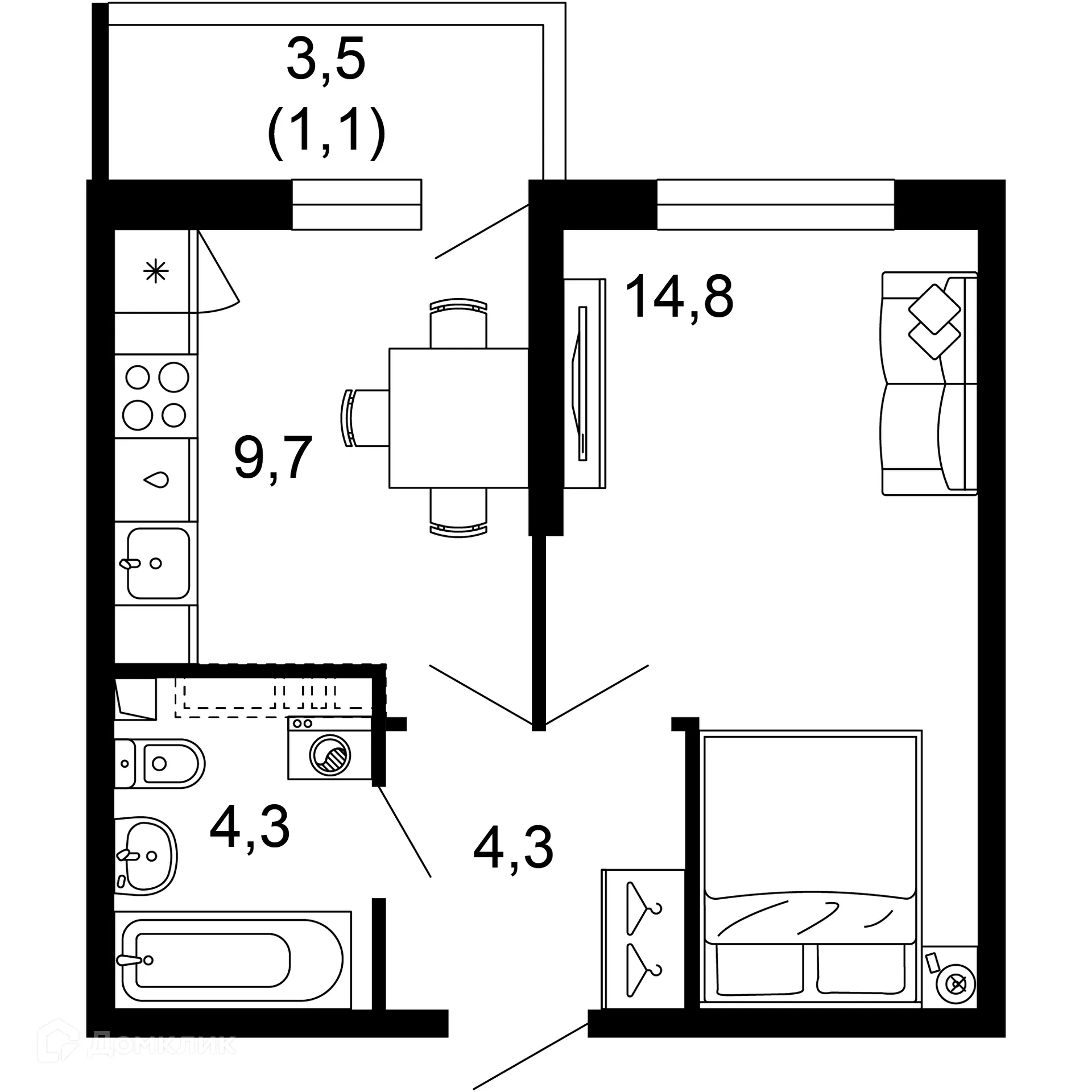 Планировка 1-комнатной квартиры 34.2 м² в ЖК Лестория, г. Сочи — фото 1