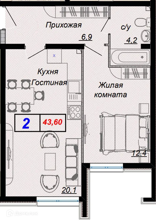 Планировка 2-комнатной квартиры 43.6 м² в ЖК "Чайные холмы", г. Сочи — фото 1