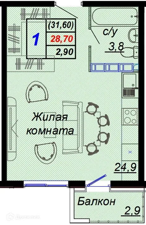 Планировка студии квартиры 31.6 м² в ЖК "Чайные холмы", г. Сочи — фото 1