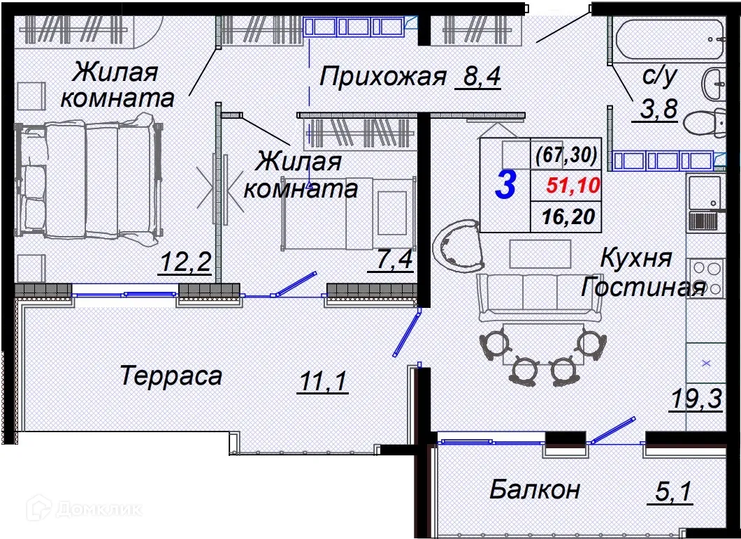 Планировка 3-комнатной квартиры 67.3 м² в ЖК "Чайные холмы", г. Сочи — фото 1