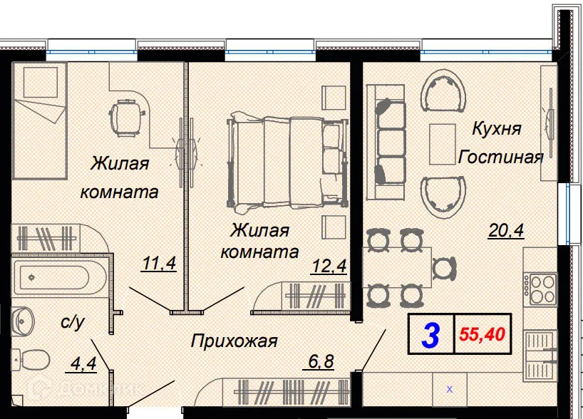 Планировка 3-комнатной квартиры 55.4 м² в ЖК "Чайные холмы", г. Сочи — фото 1
