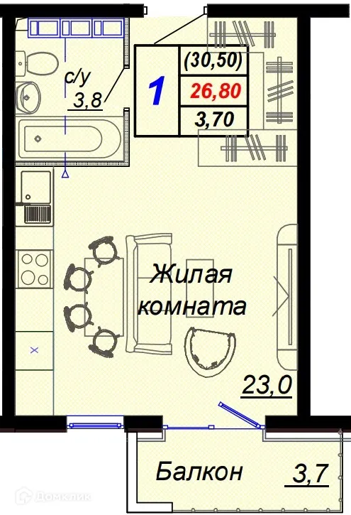 Планировка студии квартиры 30.5 м² в ЖК "Чайные холмы", г. Сочи — фото 1