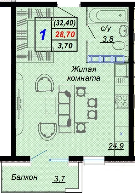 Планировка студии квартиры 32.4 м² в ЖК "Чайные холмы", г. Сочи — фото 1