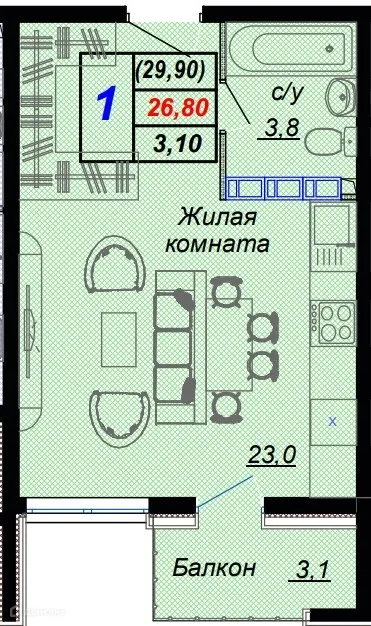 Планировка студии квартиры 29.9 м² в ЖК "Чайные холмы", г. Сочи — фото 1