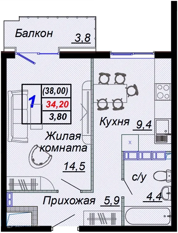 Планировка 1 комн. в ЖК "Чайные холмы"