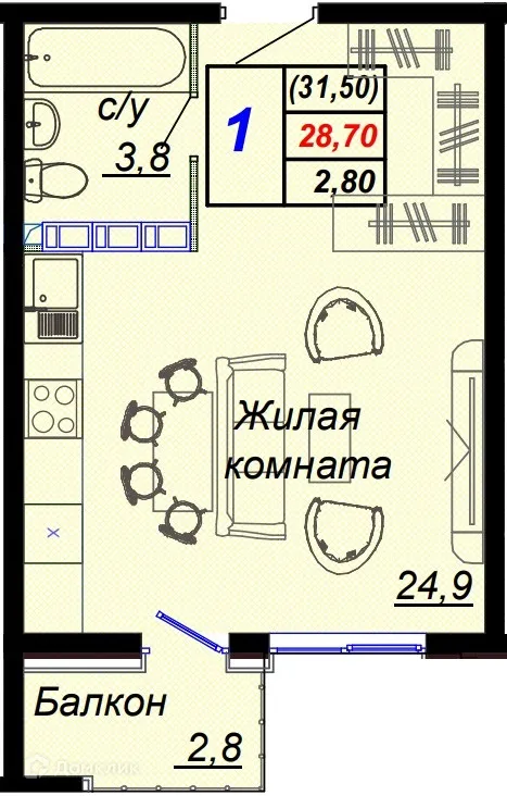 Планировка студии квартиры 31.5 м² в ЖК "Чайные холмы", г. Сочи — фото 1