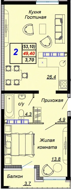Планировка 2-комнатной квартиры 53.1 м² в ЖК "Чайные холмы", г. Сочи — фото 1