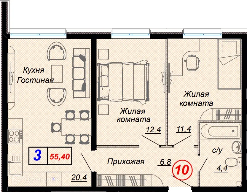 Планировка 3-комнатной квартиры 55.4 м² в ЖК "Чайные холмы", г. Сочи — фото 1