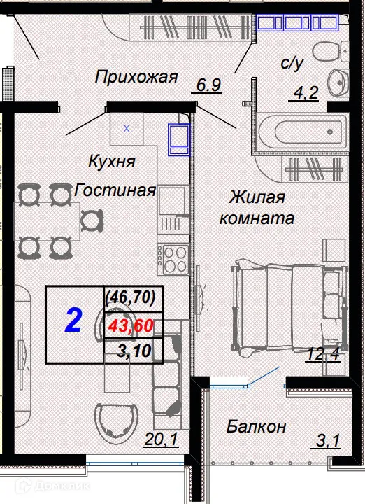 Планировка 2-комнатной квартиры 46.7 м² в ЖК "Чайные холмы", г. Сочи — фото 1