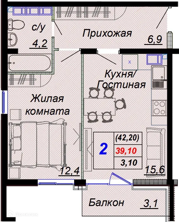 Планировка 2-комнатной квартиры 42.2 м² в ЖК "Чайные холмы", г. Сочи — фото 1