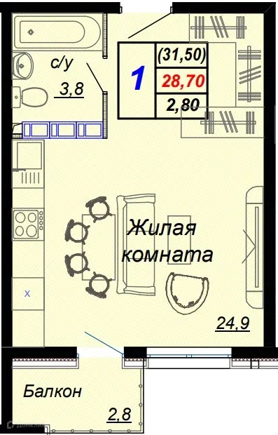 Планировка студии квартиры 31.5 м² в ЖК "Чайные холмы", г. Сочи — фото 1