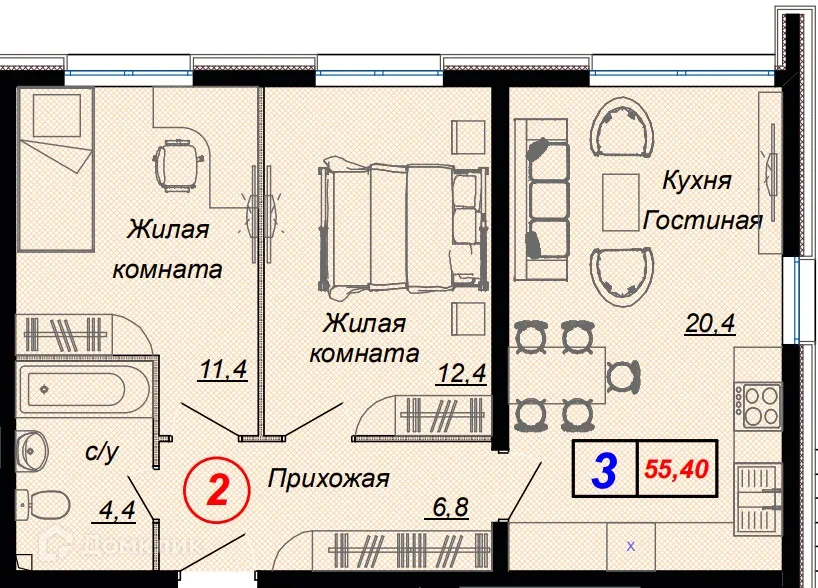 Планировка 3-комнатной квартиры 55.4 м² в ЖК "Чайные холмы", г. Сочи — фото 1