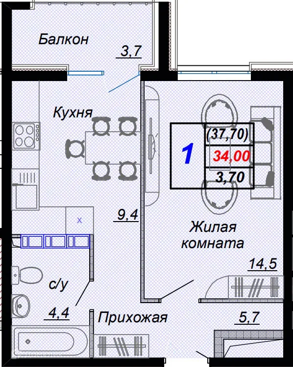 Планировка 1-комнатной квартиры 37.7 м² в ЖК "Чайные холмы", г. Сочи — фото 1