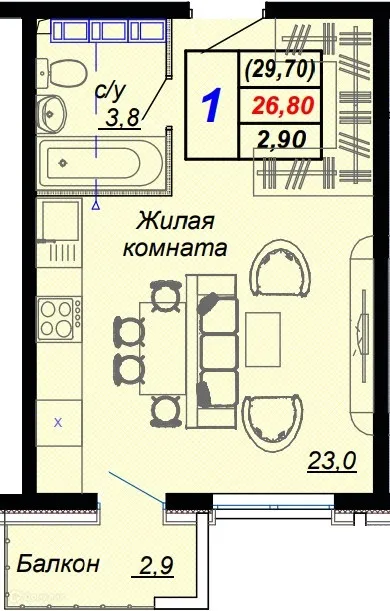 Планировка студии квартиры 29.7 м² в ЖК "Чайные холмы", г. Сочи — фото 1