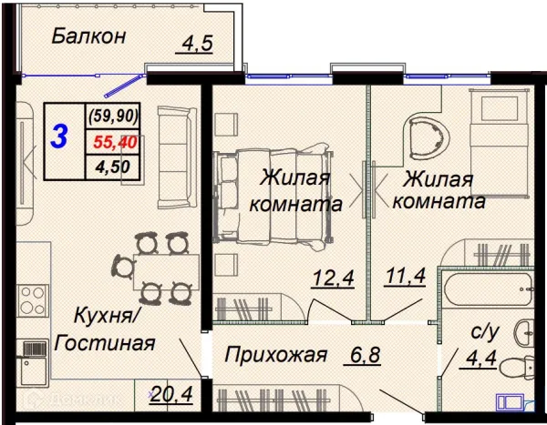 Планировка 3 комн. в ЖК "Чайные холмы"
