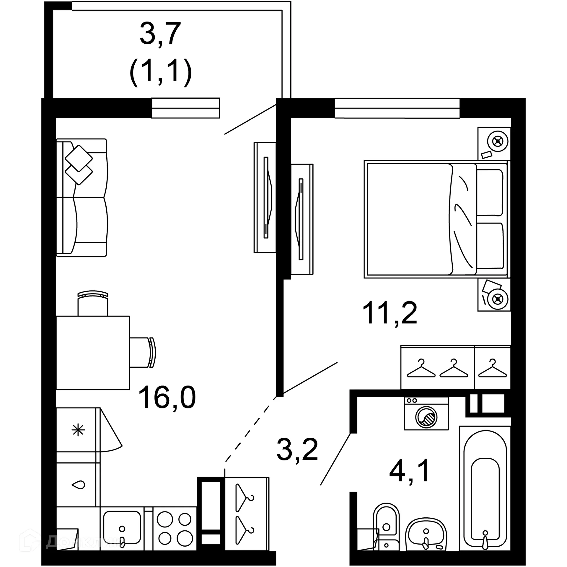 Планировка 1-комнатной квартиры 35.6 м² в ЖК Лестория, г. Сочи — фото 1