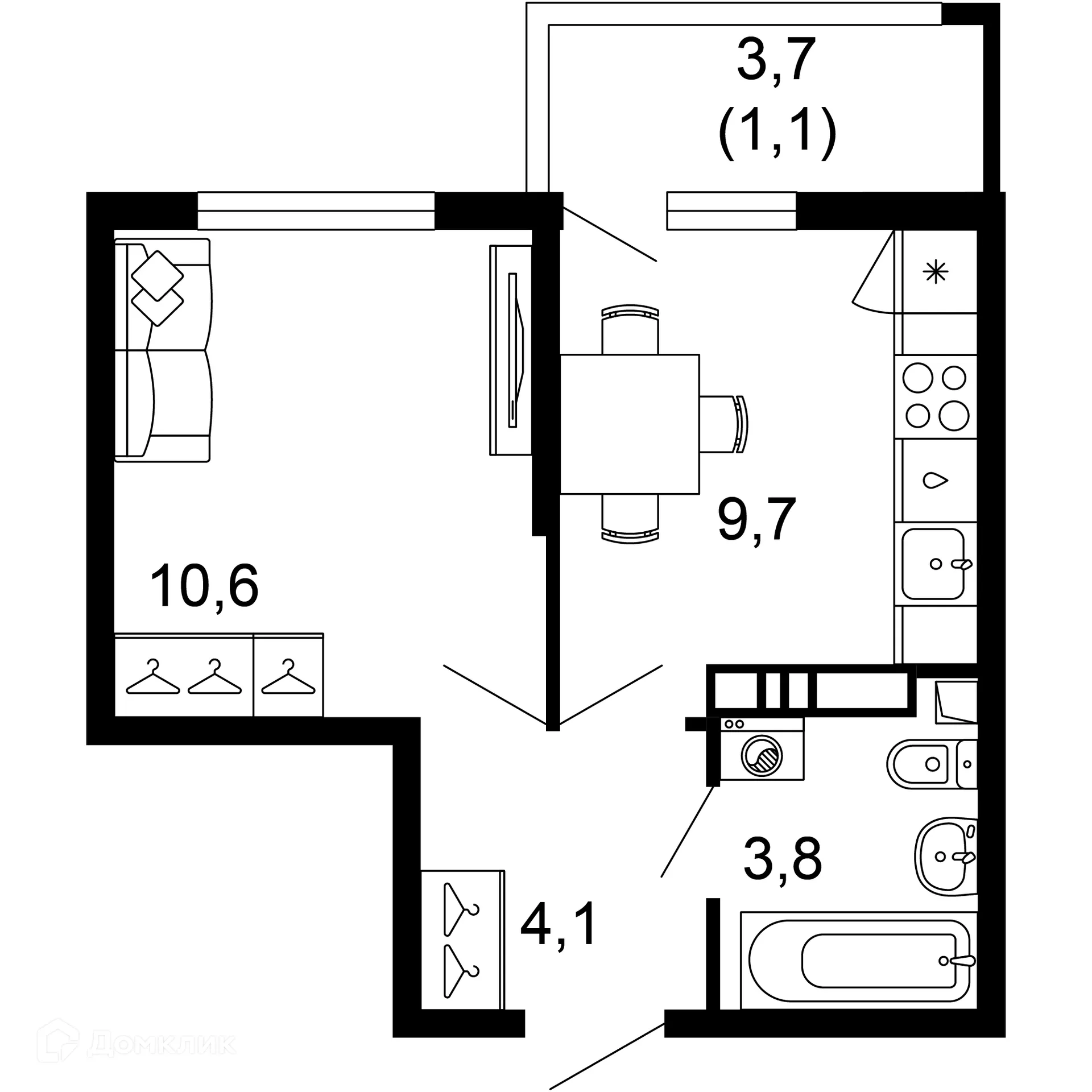 Планировка 1-комнатной квартиры 29.3 м² в ЖК Лестория, г. Сочи — фото 1