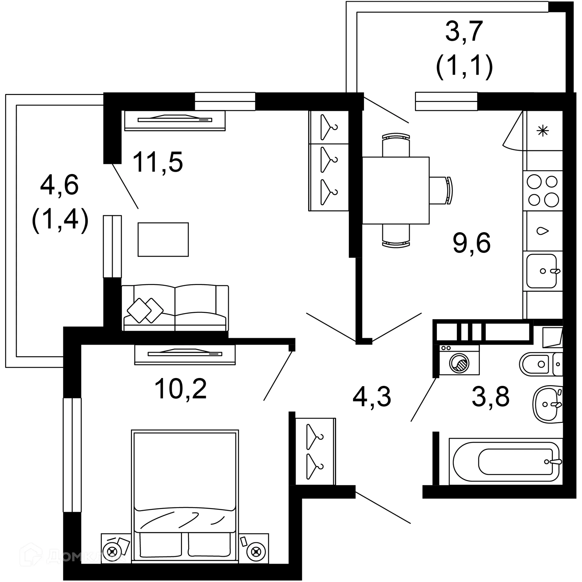 Планировка 2-комнатной квартиры 41.9 м² в ЖК Лестория, г. Сочи — фото 1
