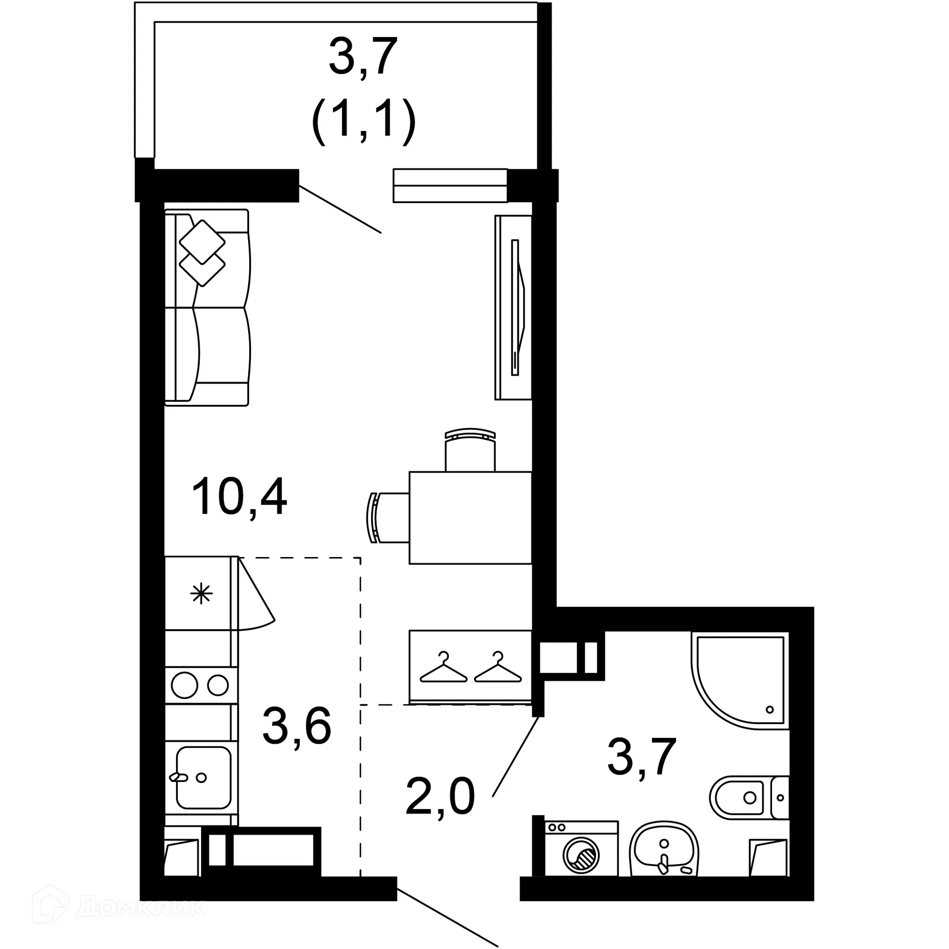 Планировка 1-комнатной квартиры 20.8 м² в ЖК Лестория, г. Сочи — фото 1
