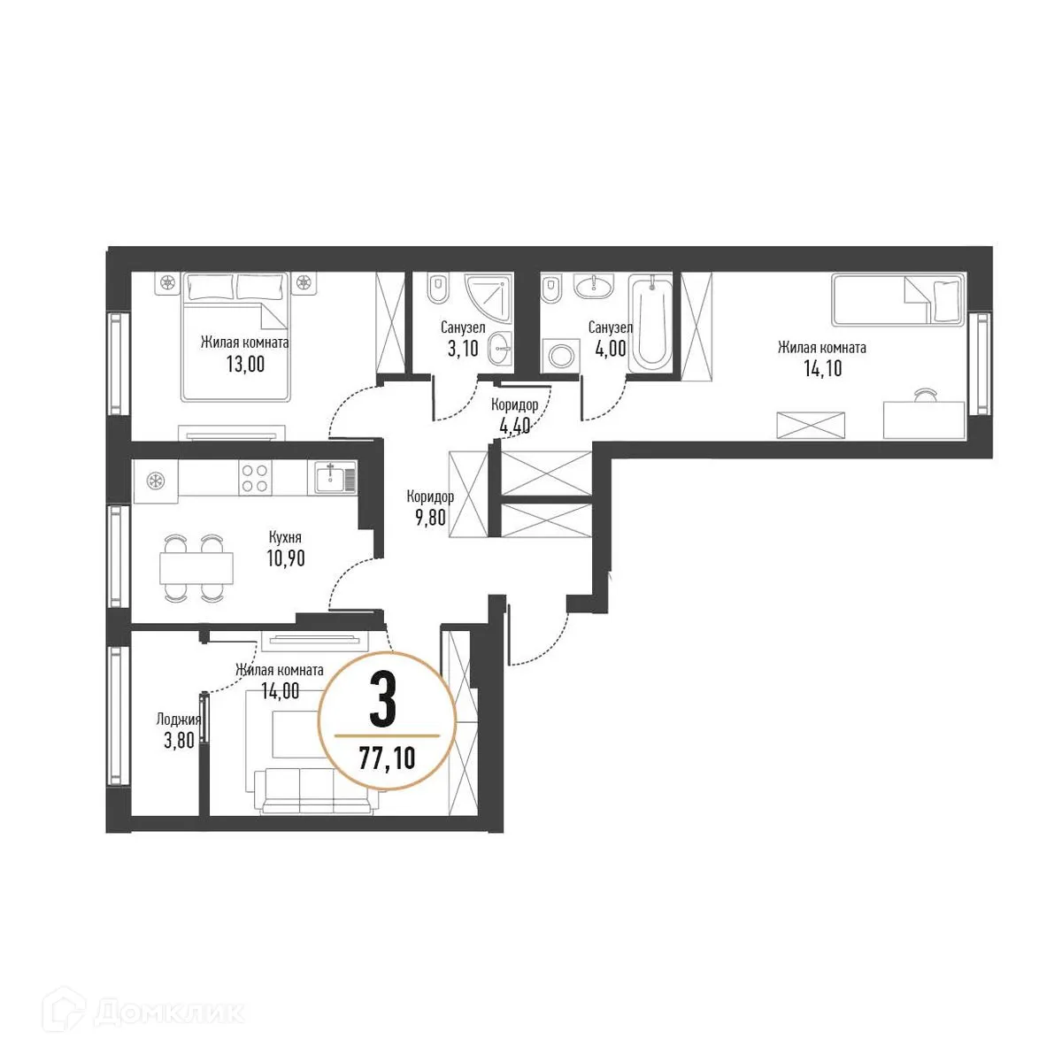 Планировка 3-комнатной квартиры 76.7 м² в ЖК Браво, г. Стерлитамак — фото 1
