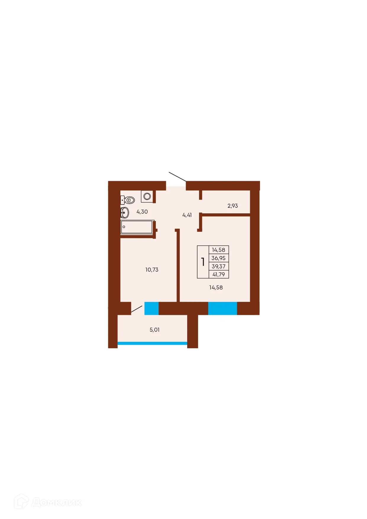 Планировка 1-комнатной квартиры 39.37 м² в ЖК Флэт168, г. Стерлитамак — фото 1