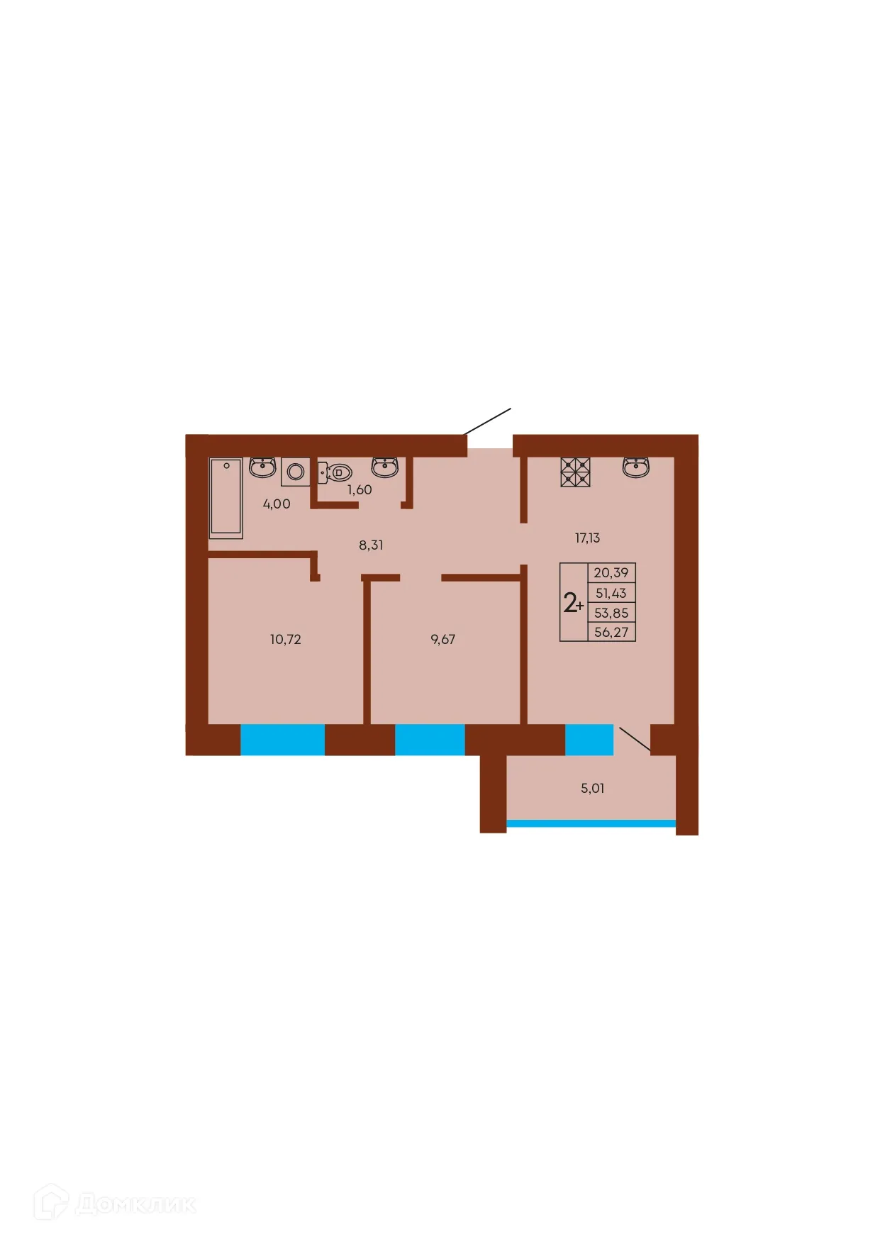 Планировка 2-комнатной квартиры 53.85 м² в ЖК Флэт168, г. Стерлитамак — фото 1