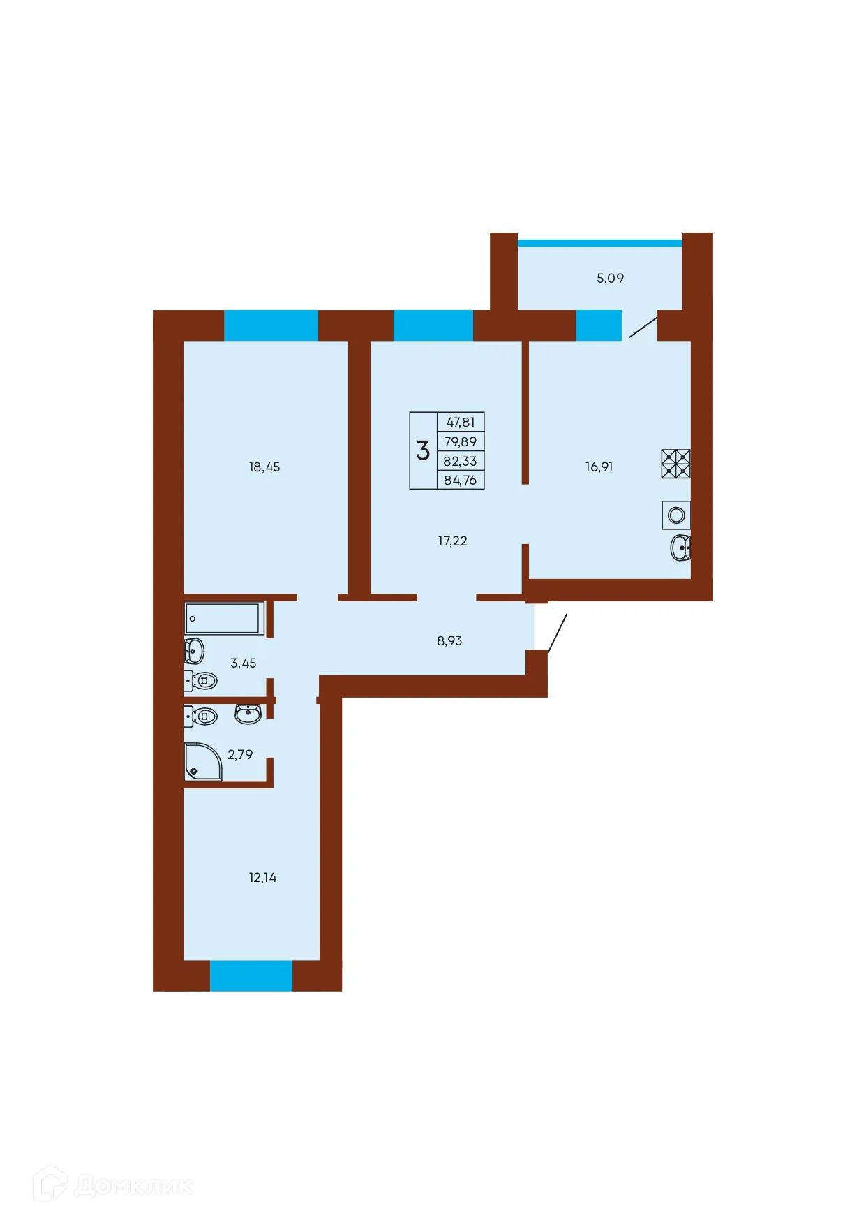 Планировка 3-комнатной квартиры 82.33 м² в ЖК Флэт168, г. Стерлитамак — фото 1