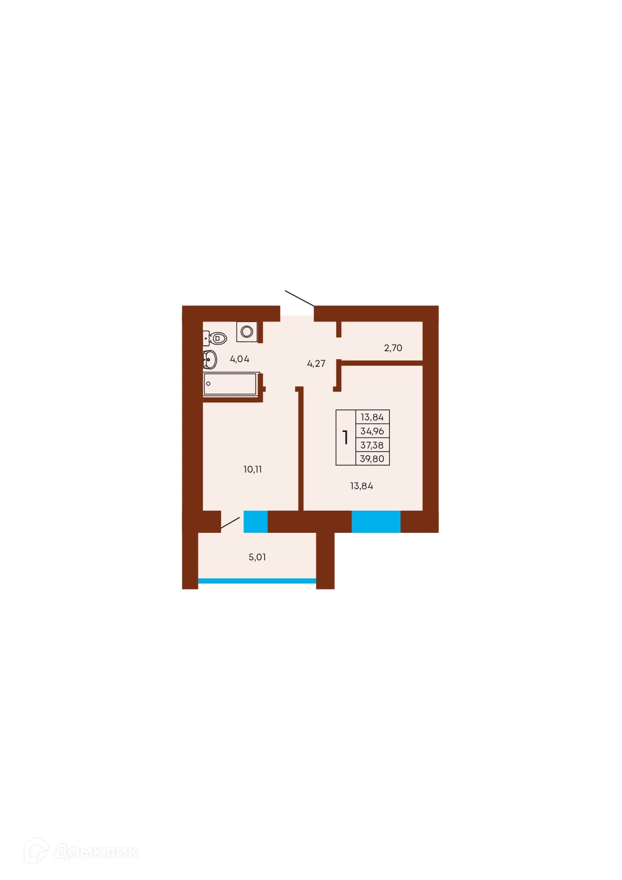 Планировка 1-комнатной квартиры 37.38 м² в ЖК Флэт168, г. Стерлитамак — фото 1