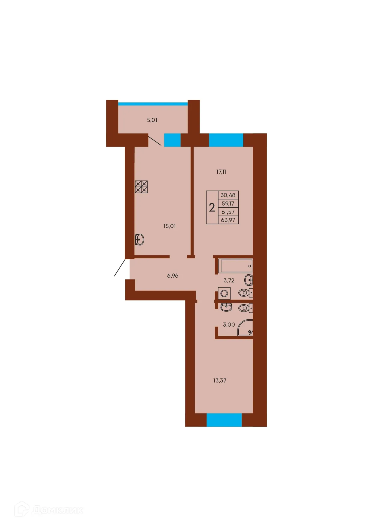 Планировка 2-комнатной квартиры 61.57 м² в ЖК Флэт168, г. Стерлитамак — фото 1