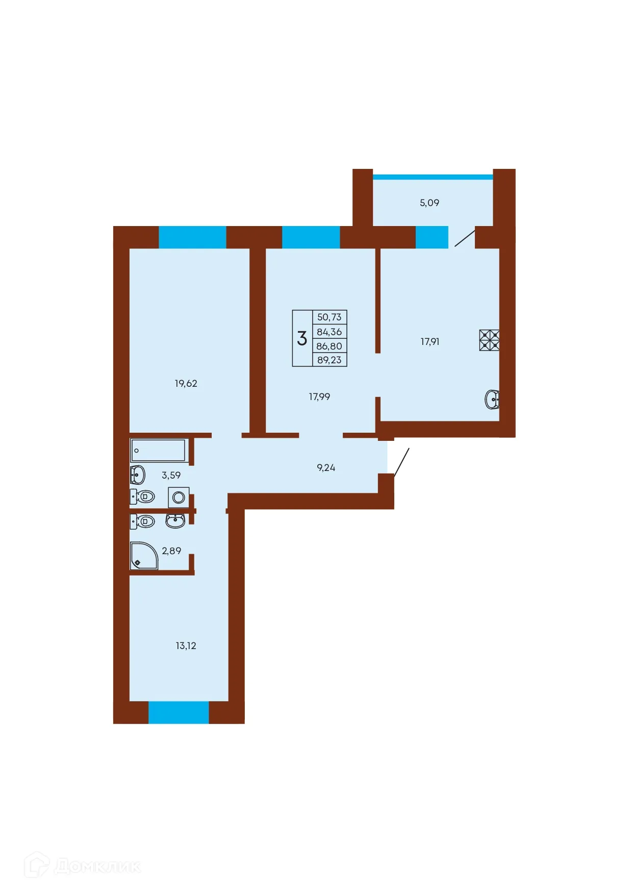 Планировка 3-комнатной квартиры 86.8 м² в ЖК Флэт168, г. Стерлитамак — фото 1