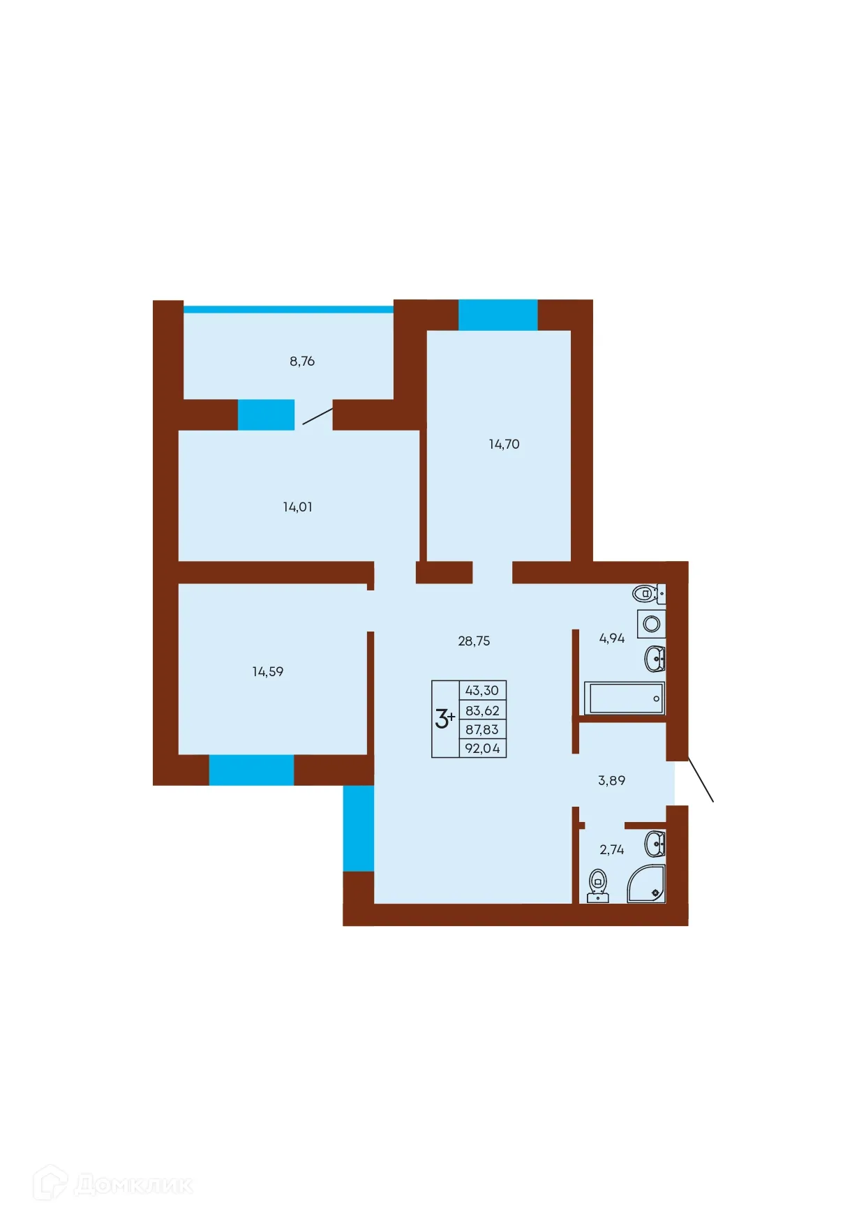 Планировка 3-комнатной квартиры 87.83 м² в ЖК Флэт168, г. Стерлитамак — фото 1