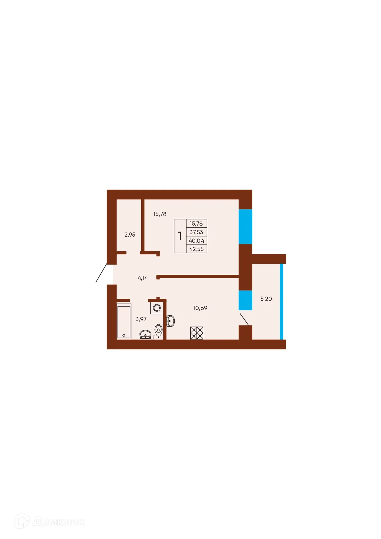 Планировка 1-комнатной квартиры 40.04 м² в ЖК Флэт168, г. Стерлитамак — фото 1