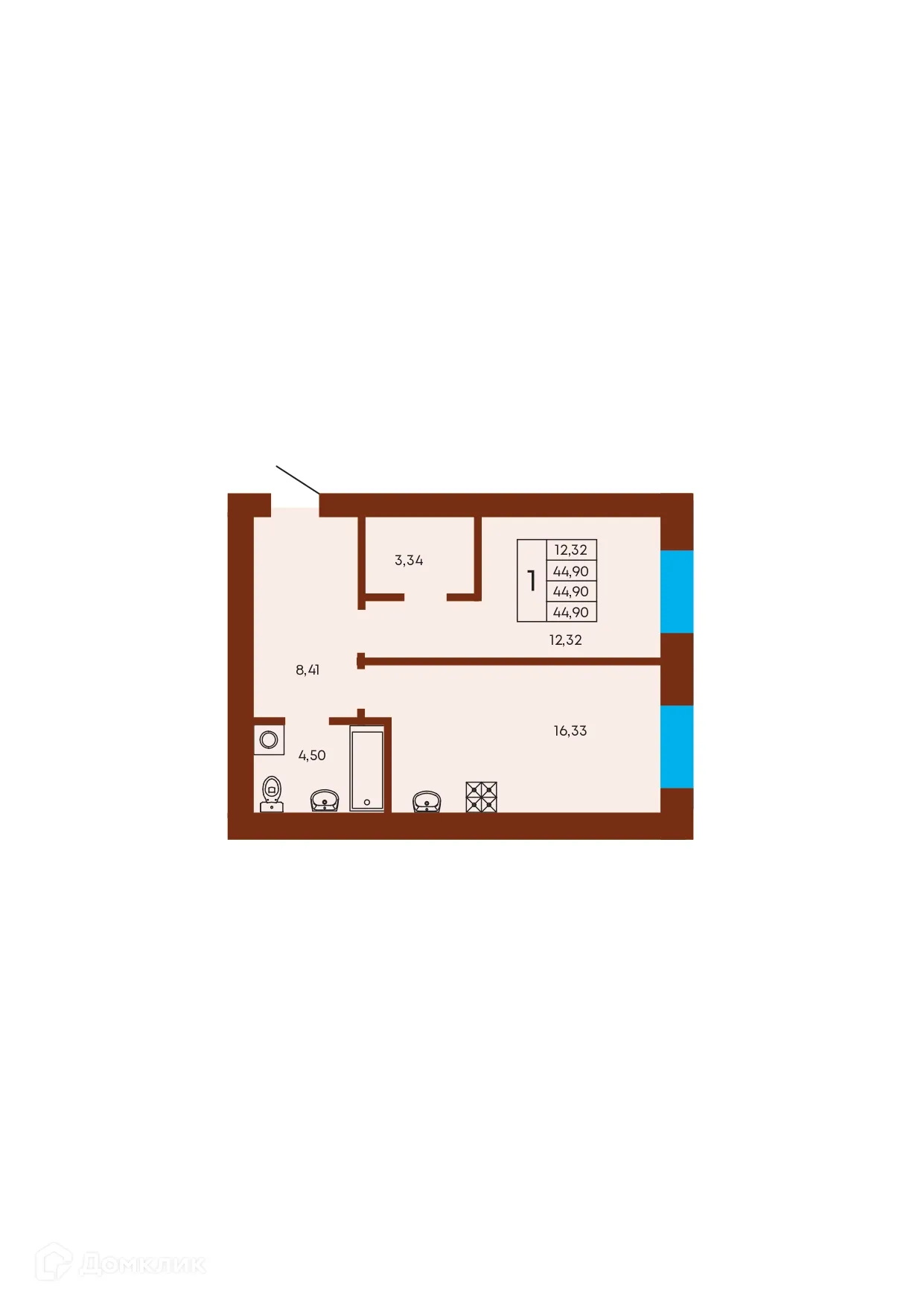 Планировка 1-комнатной квартиры 44.9 м² в ЖК Флэт168, г. Стерлитамак — фото 1