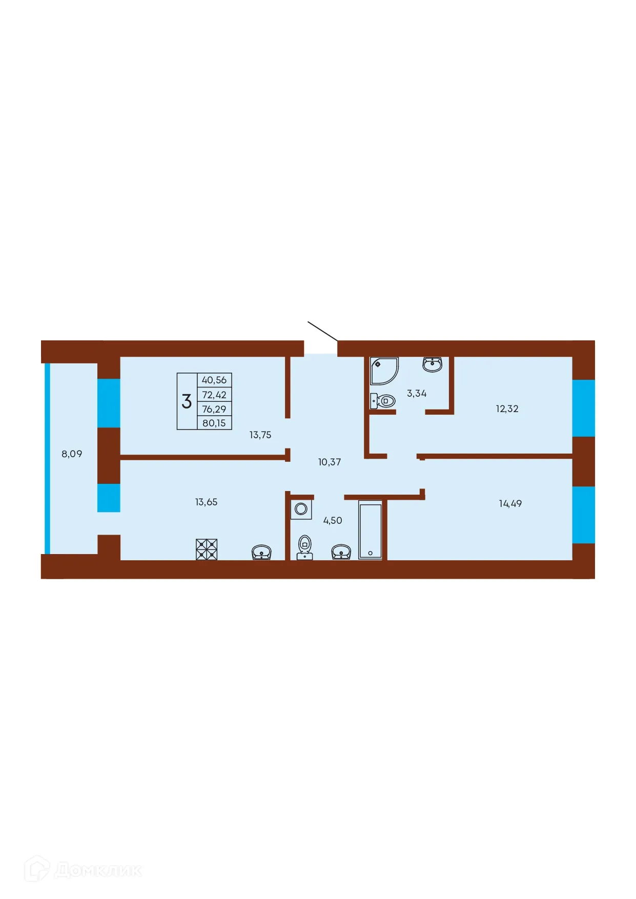 Планировка 3-комнатной квартиры 76.29 м² в ЖК Флэт168, г. Стерлитамак — фото 1