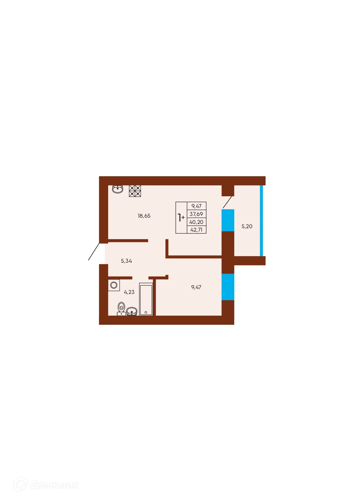 Планировка 1-комнатной квартиры 40.2 м² в ЖК Флэт168, г. Стерлитамак — фото 1
