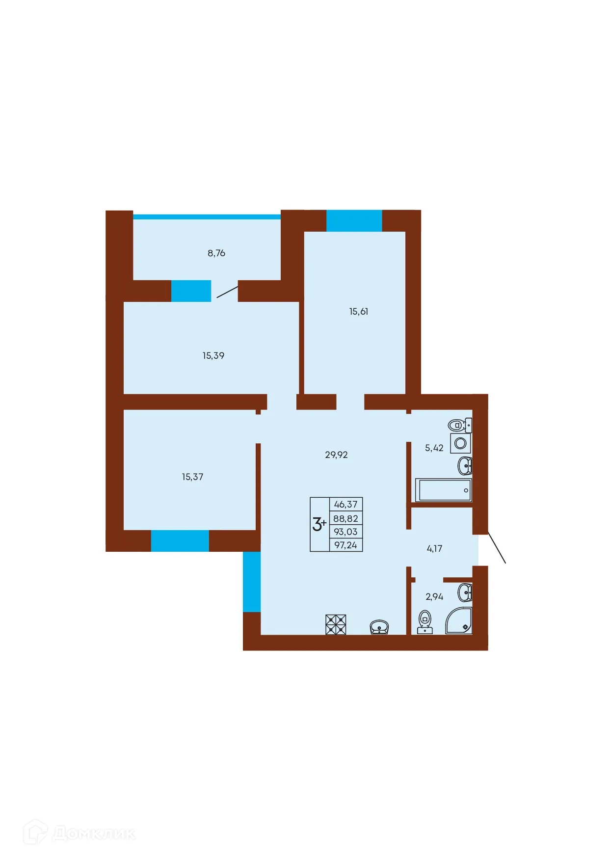 Планировка 3-комнатной квартиры 93.03 м² в ЖК Флэт168, г. Стерлитамак — фото 1