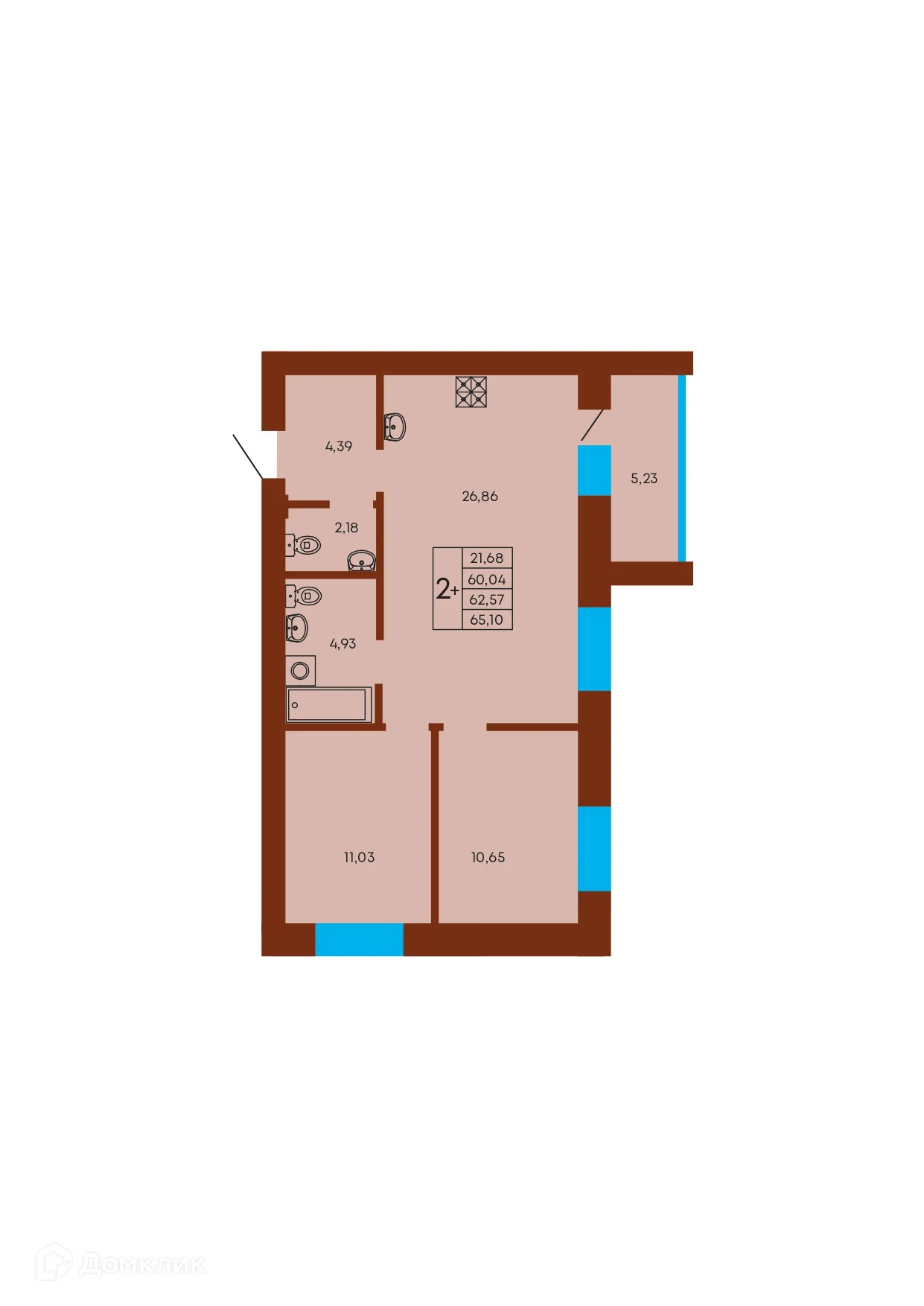 Планировка 2-комнатной квартиры 62.57 м² в ЖК Флэт168, г. Стерлитамак — фото 1