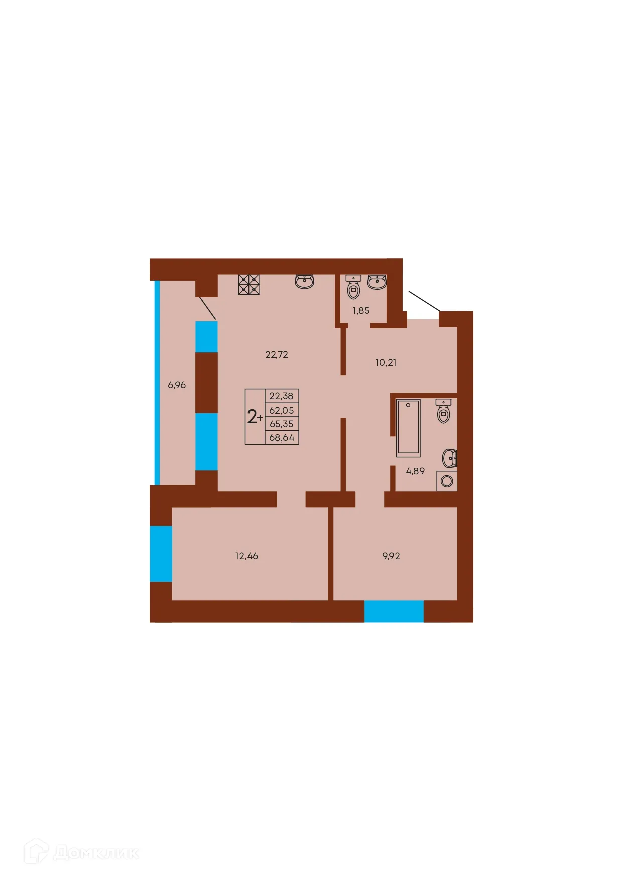 Планировка 2-комнатной квартиры 65.35 м² в ЖК Флэт168, г. Стерлитамак — фото 1