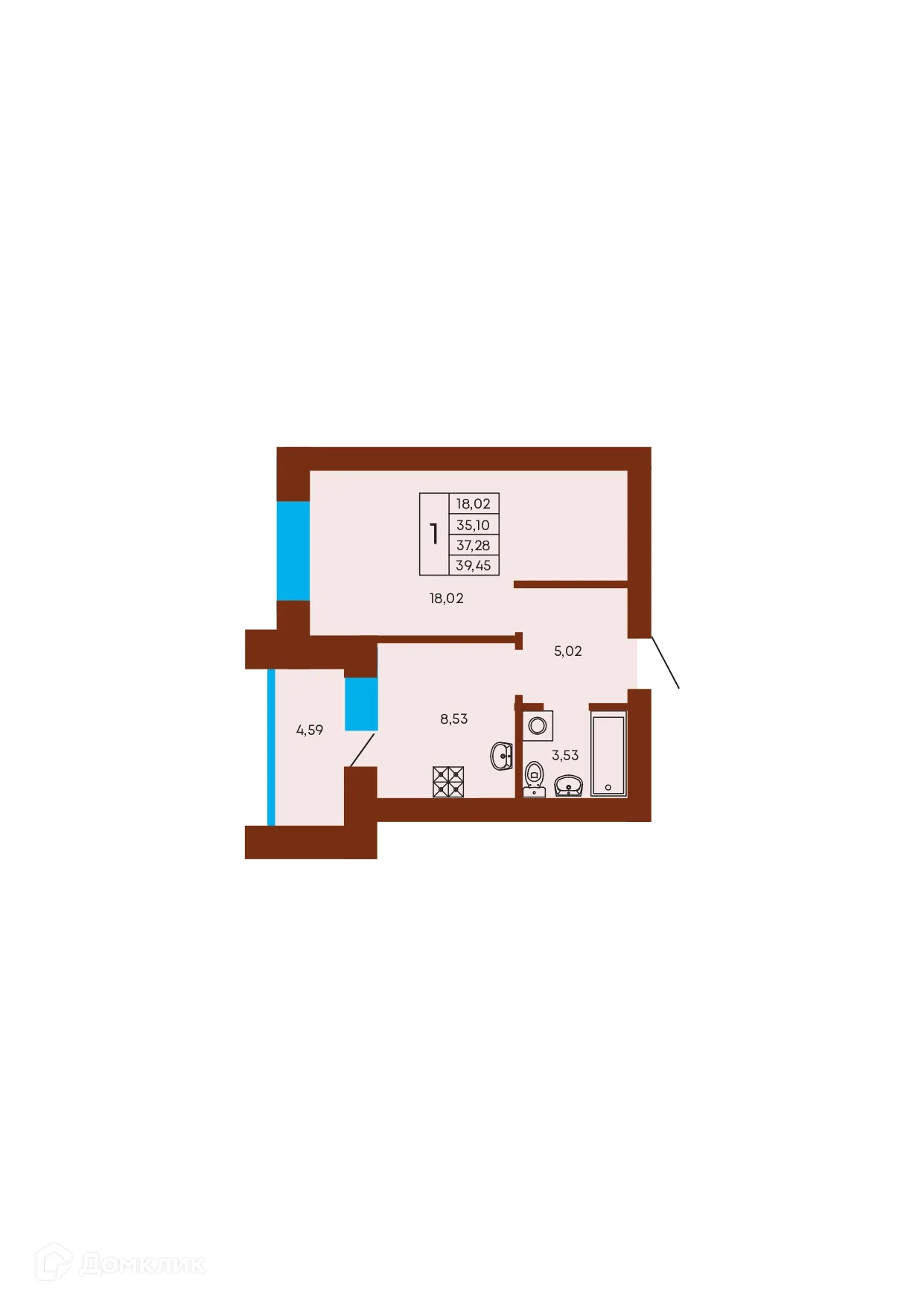 Планировка 1-комнатной квартиры 37.28 м² в ЖК Флэт168, г. Стерлитамак — фото 1