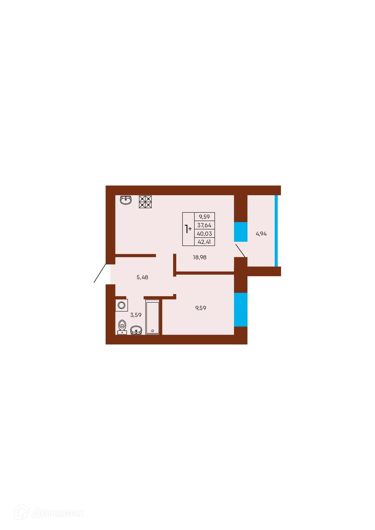 Планировка 1-комнатной квартиры 40.03 м² в ЖК Флэт168, г. Стерлитамак — фото 1