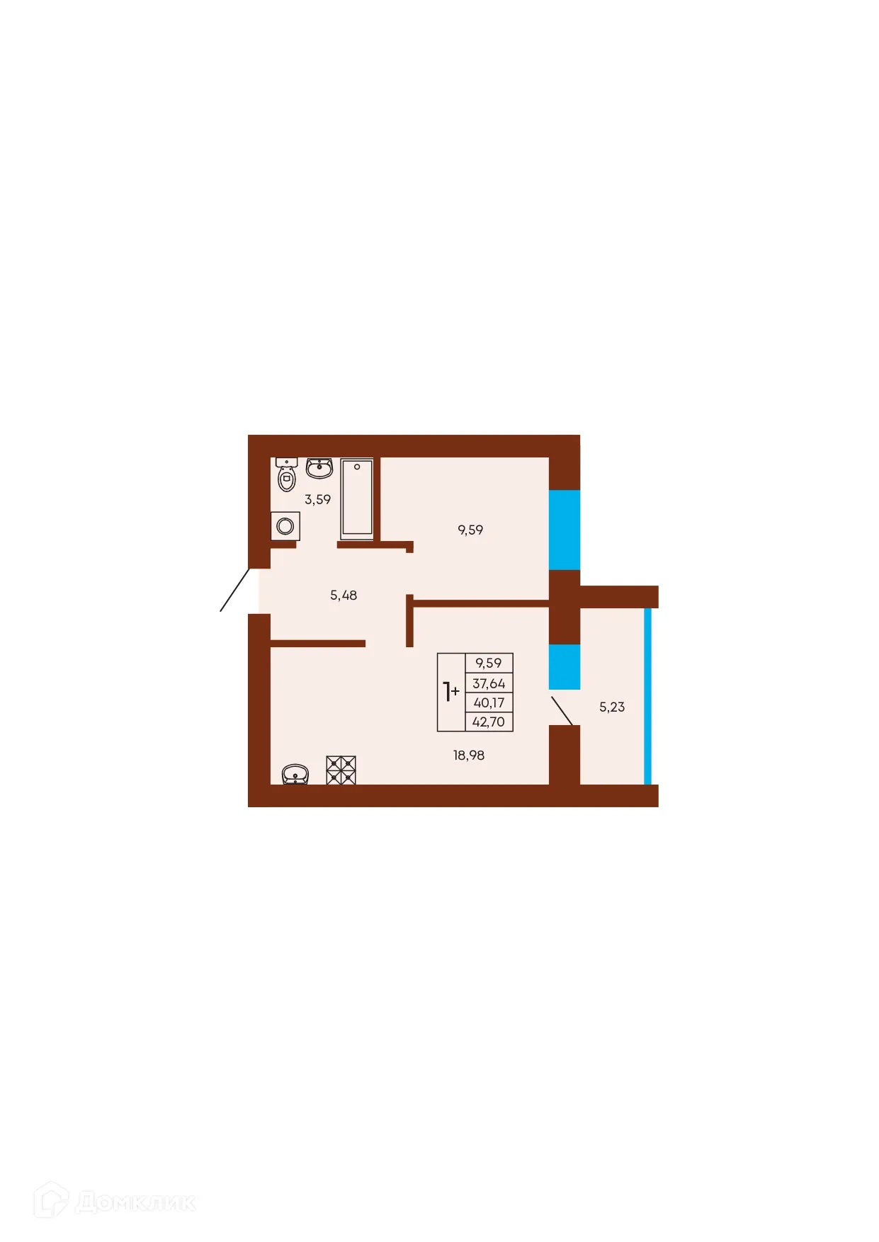 Планировка 1-комнатной квартиры 40.17 м² в ЖК Флэт168, г. Стерлитамак — фото 1